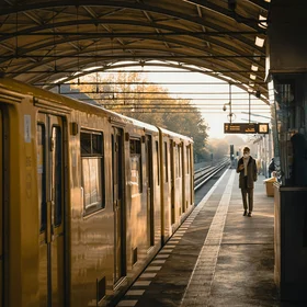 Ihr Stadthotel in Berlin: DASEYN | Fischerinsel Person mit Maske geht am Bahnsteig neben gelbem Zug im Bahnhof