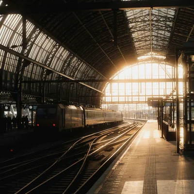 DASEYN: Kontakt und Anreise Sonnenlicht fällt durch das Dach eines Bahnhofs auf Gleise und Bahnsteig