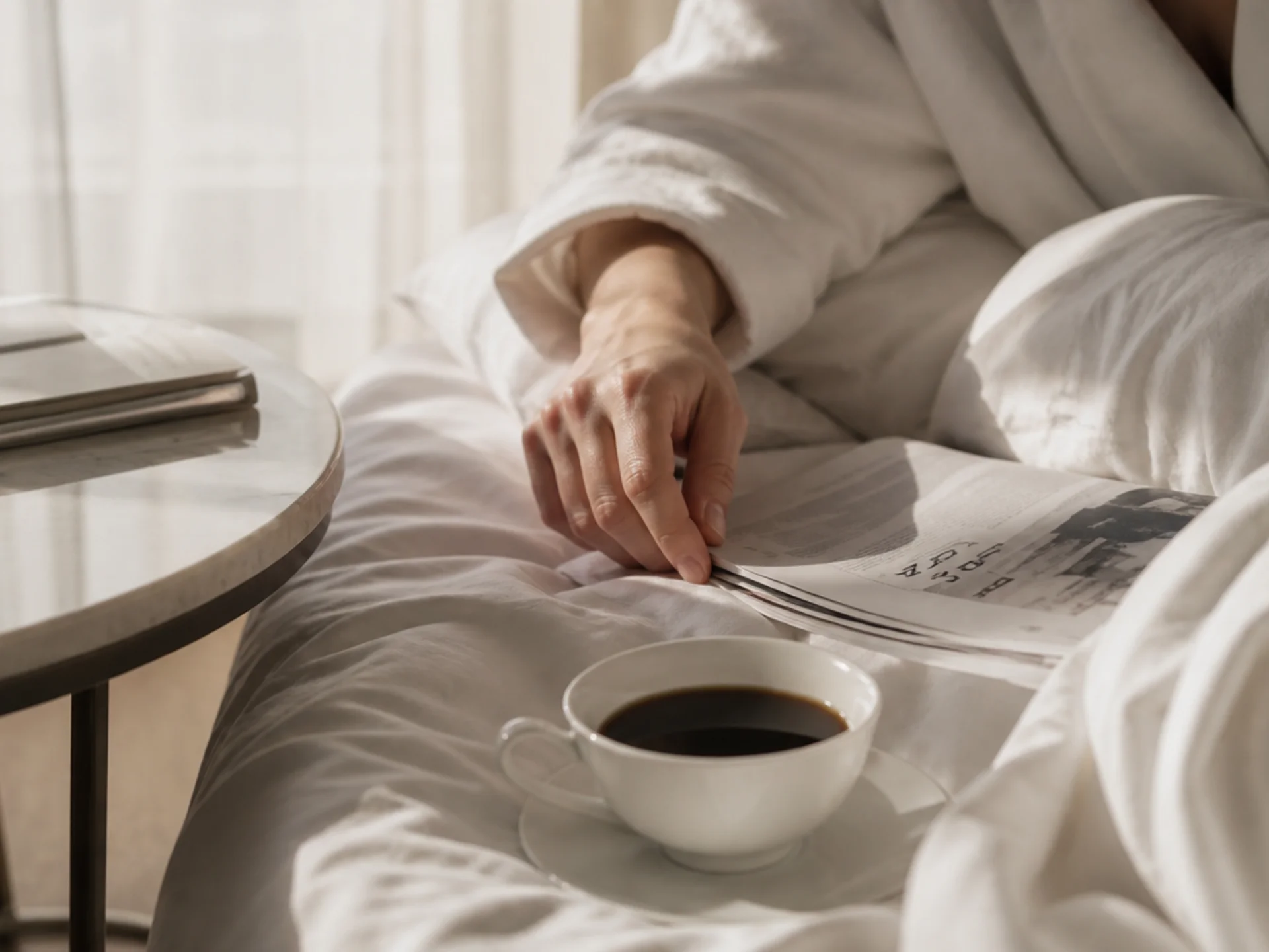 Ihr Stadthotel in Berlin: DASEYN | Fischerinsel Person in weißem Bademantel liest Zeitung im Bett mit Kaffee auf dem Nachttisch