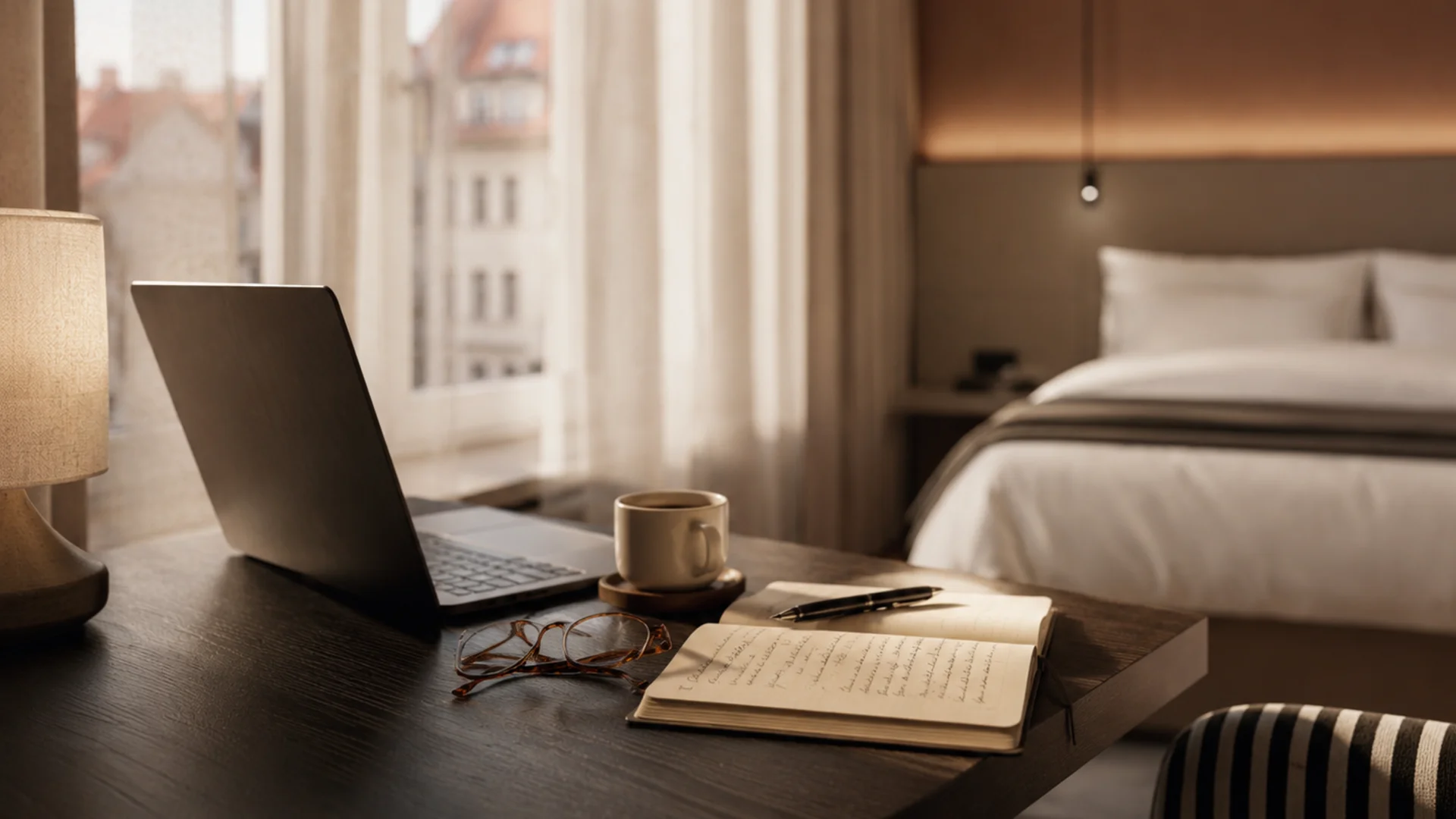 Workation in Berlin im DASEYN Arbeitsbereich im Hotelzimmer mit Laptop, Notizbuch und Kaffeetasse am Fenster