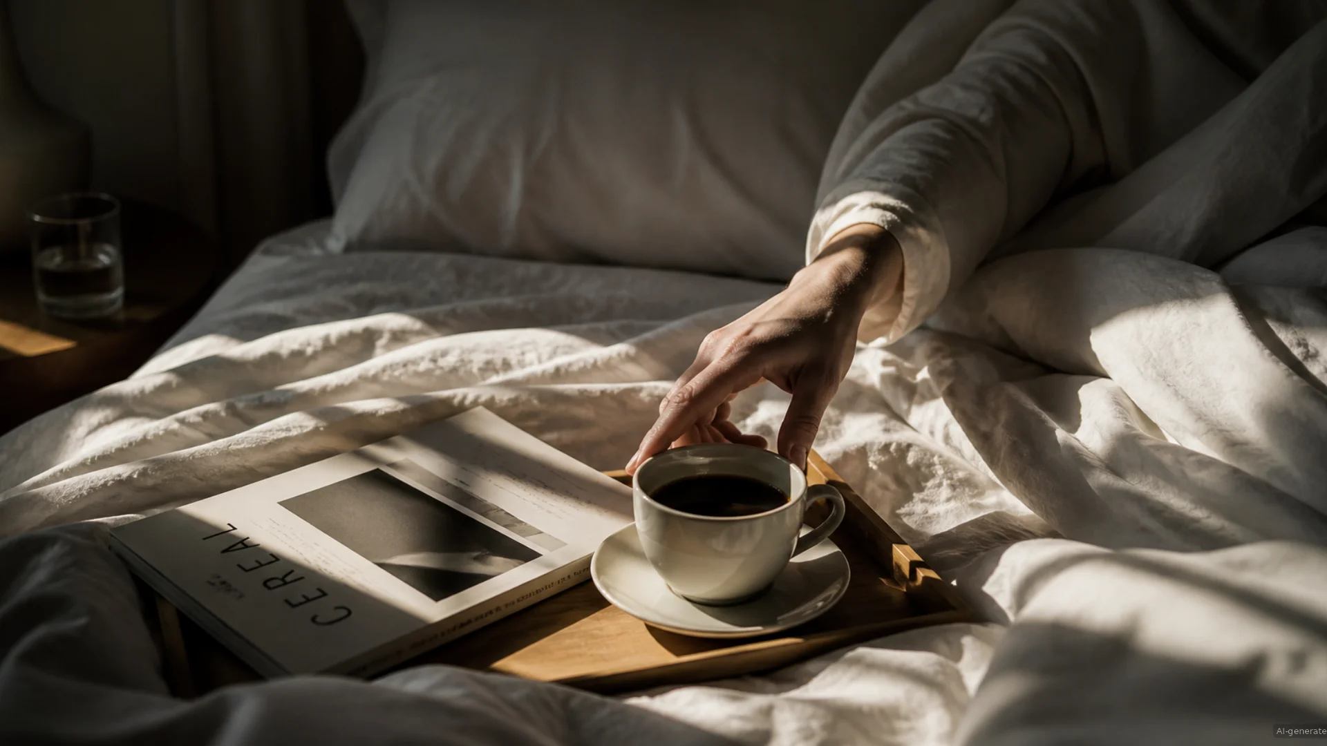 Bilder aus dem DASEYN Hand greift nach Kaffeetasse auf Tablett im Bett mit Buch und Glas Wasser