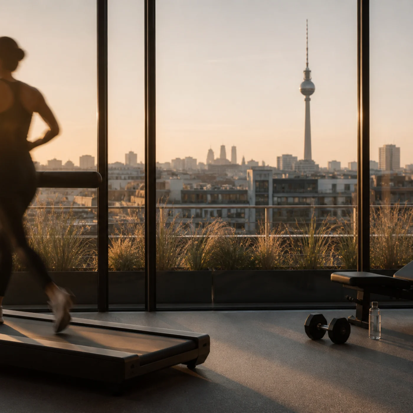 Frau läuft auf Laufband mit Blick auf Berliner Fernsehturm bei Sonnenuntergang