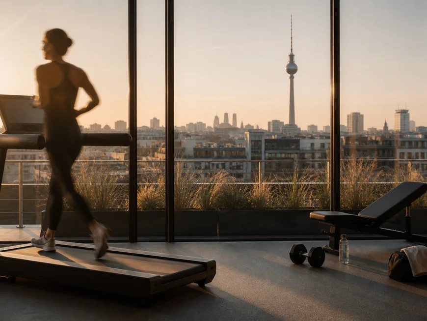 Frau läuft auf Laufband mit Blick auf Berliner Fernsehturm bei Sonnenuntergang