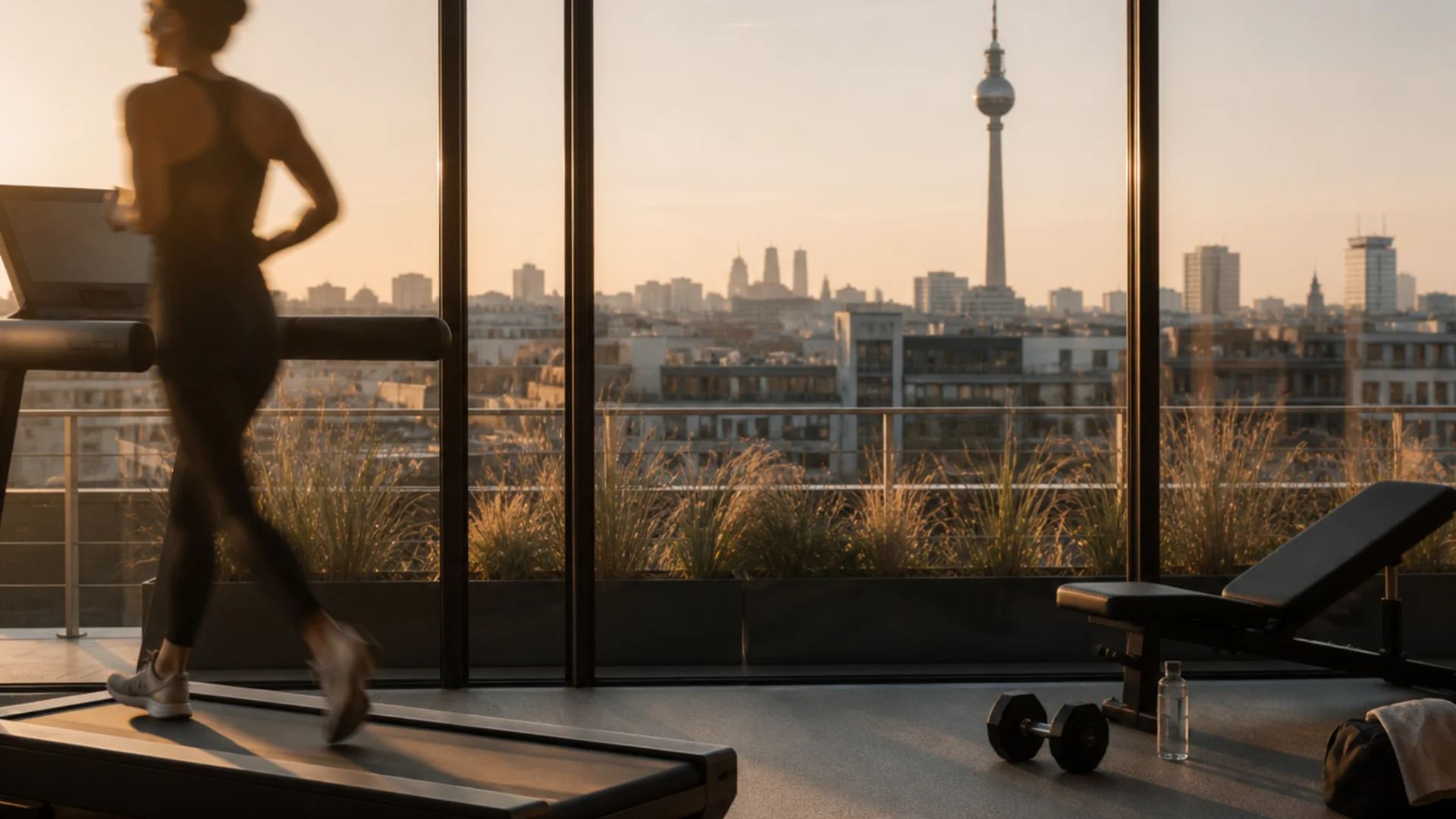 Auf ins Gym in Berlin-Mitte Frau läuft auf Laufband mit Blick auf Berliner Fernsehturm bei Sonnenuntergang