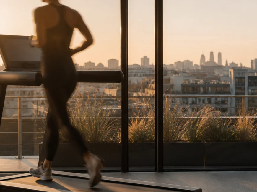 Ihr Stadthotel in Berlin: DASEYN | Fischerinsel Frau läuft auf Laufband mit Blick auf Berliner Fernsehturm bei Sonnenuntergang