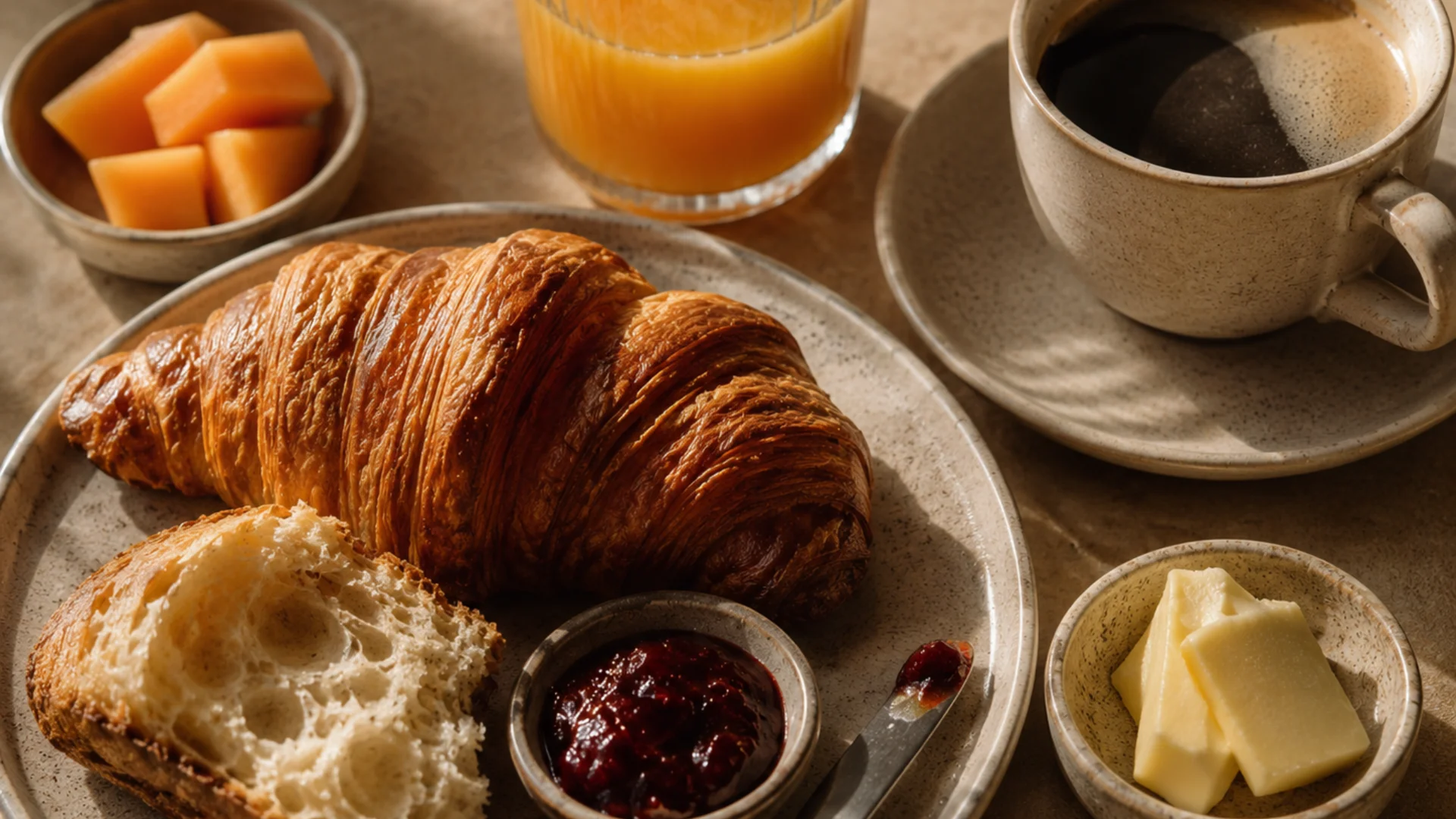 Bilder aus dem DASEYN Frühstück mit Croissant, Brot, Marmelade, Butter, Kaffee und Orangensaft