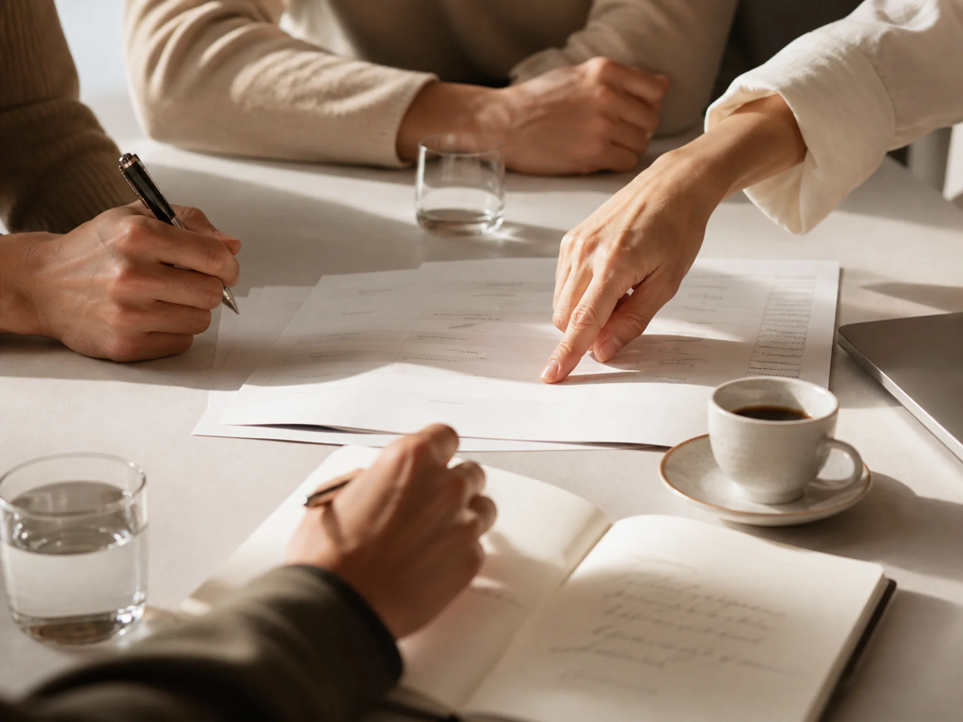 Director of Sales & Convention Sales Menschen besprechen Dokumente am Tisch mit Kaffee und Wasser