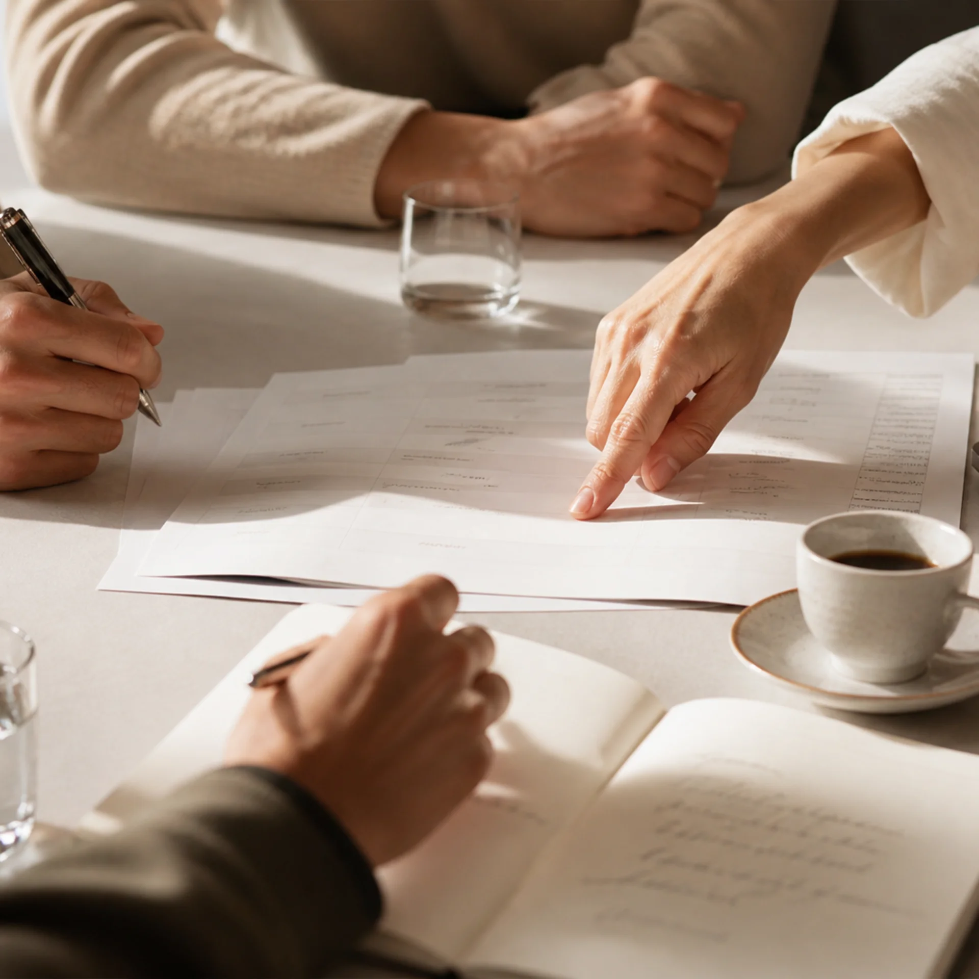 Menschen besprechen Dokumente am Tisch mit Kaffee und Wasser