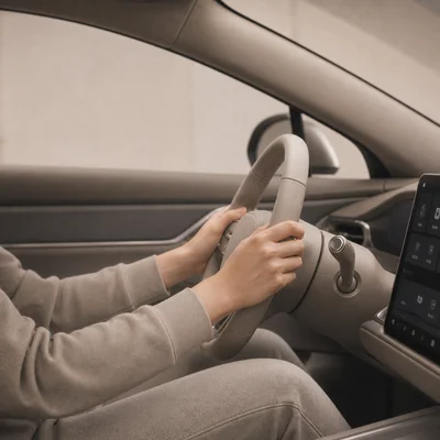 DASEYN: Kontakt und Anreise Person hält Lenkrad in einem modernen Auto mit beigem Innenraum