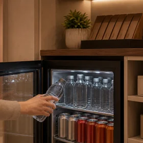 Ihr Stadthotel in Berlin: DASEYN | Fischerinsel Hand nimmt Wasserflasche aus einem gut gefüllten Minikühlschrank in einem Hotelzimmer